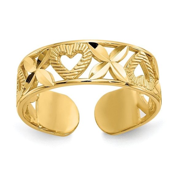 14k Yellow Gold Solid Toe Ring Diamond-cut X & Heart Adjustable - Picture 1 of 4